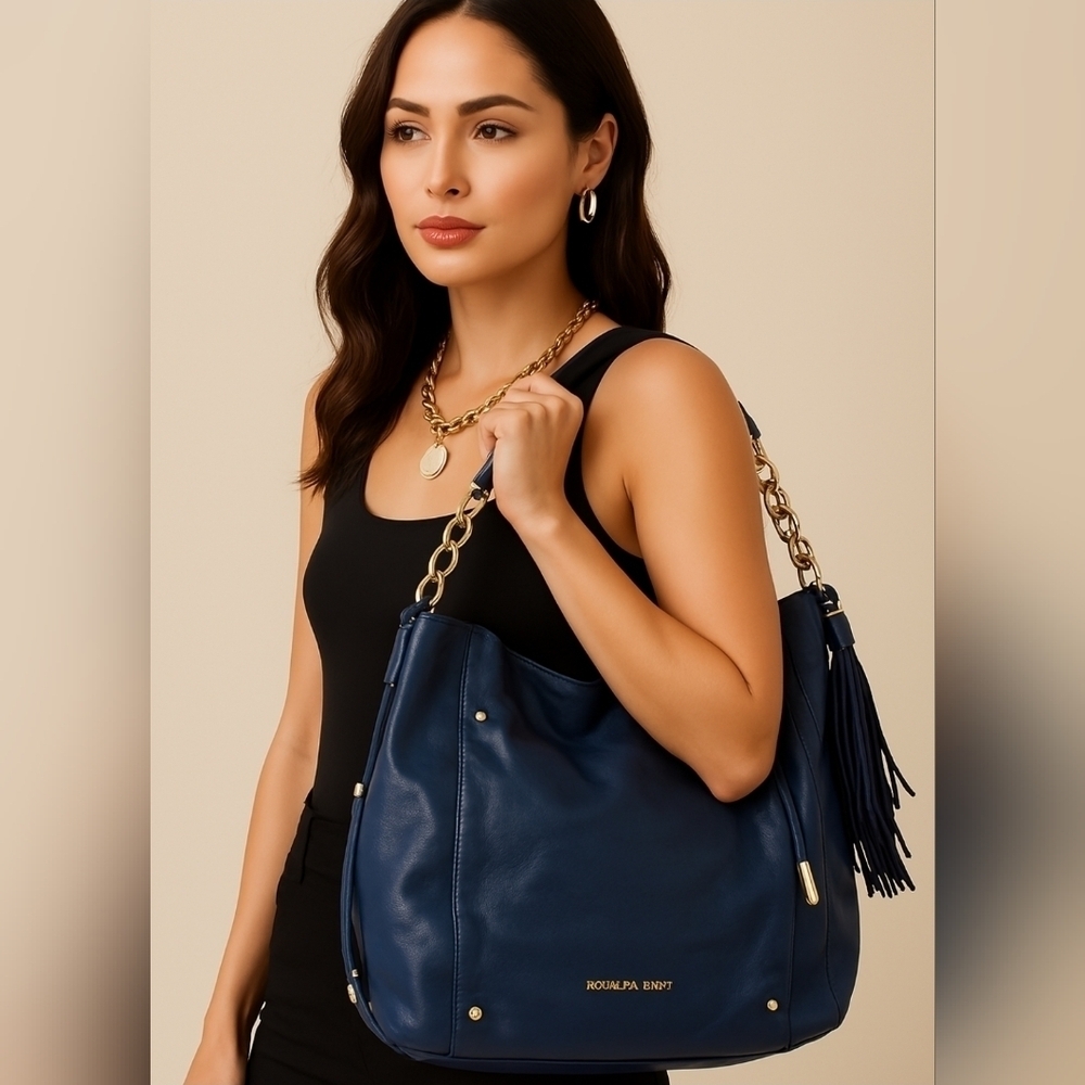 MICHAEL KORS BLUE LEATHER GOLD CHAIN DEVON LARGE SHOULDER TOTE BAG PURSE